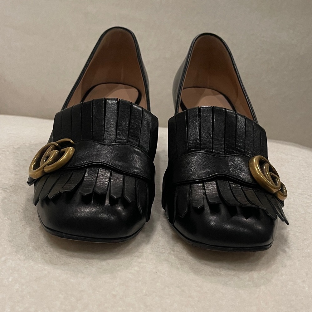 Gucci Black Leather Fringe Marmont Loafer Mid-Heel Pump - Picture 2 of 9